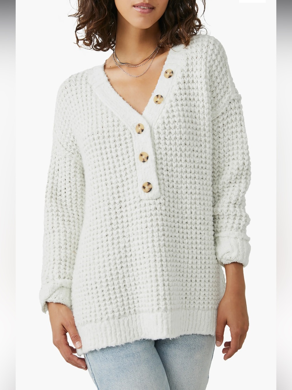 Free People Whistle Thermal Henley Button Oversized Sweater Off White Small